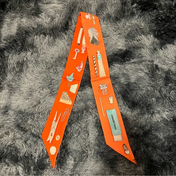 Hermes Orange Silk Scarf with Graphic Print - Picture 1 of 5